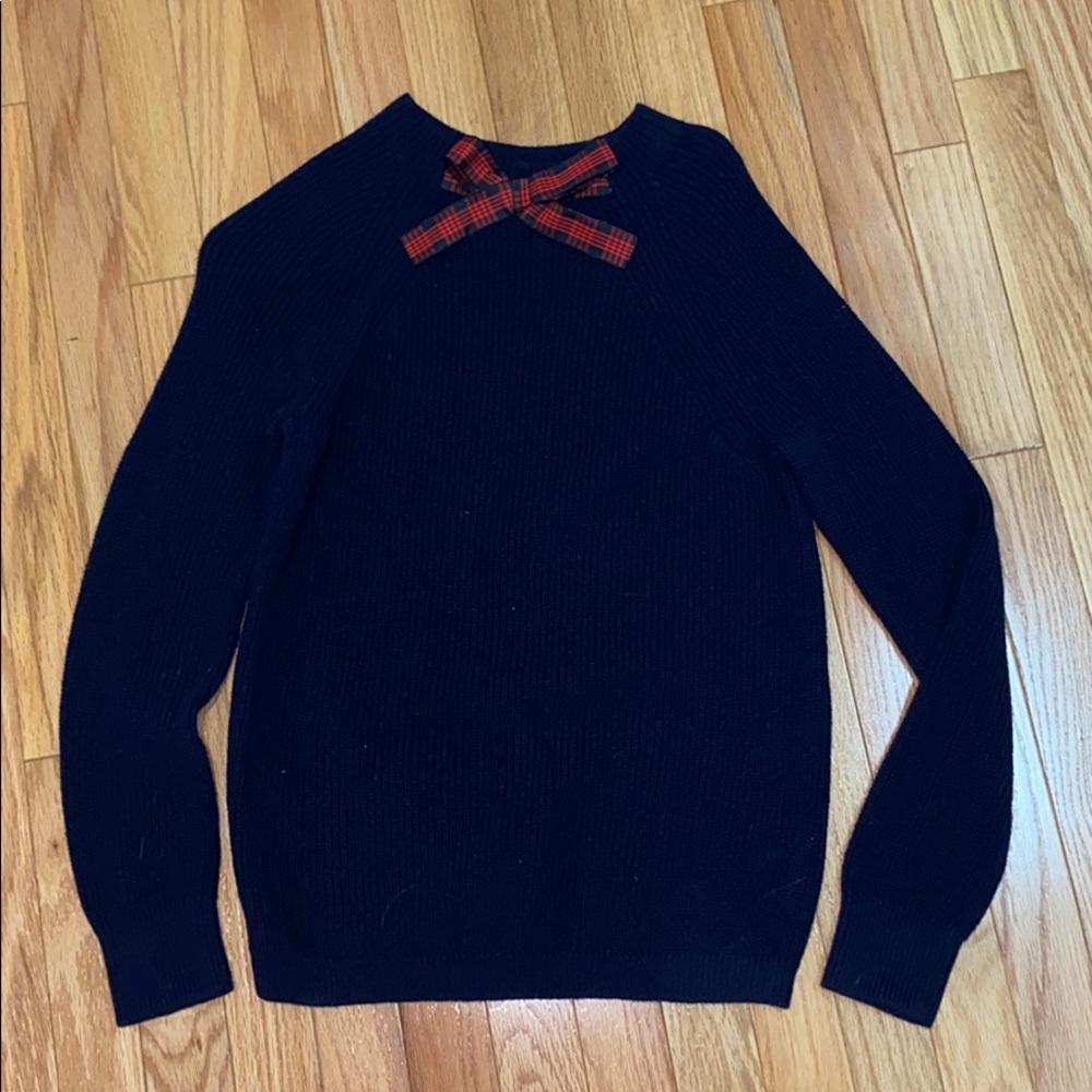 Jcrew navy sweater with plaid bow